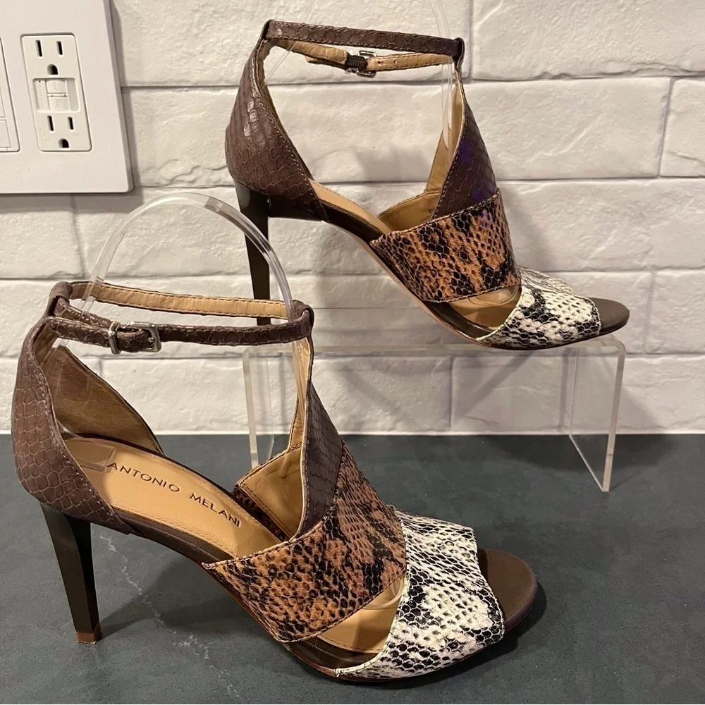 Antonio Melani sz 8 tri-color snakeprint leather high ankle strap heels